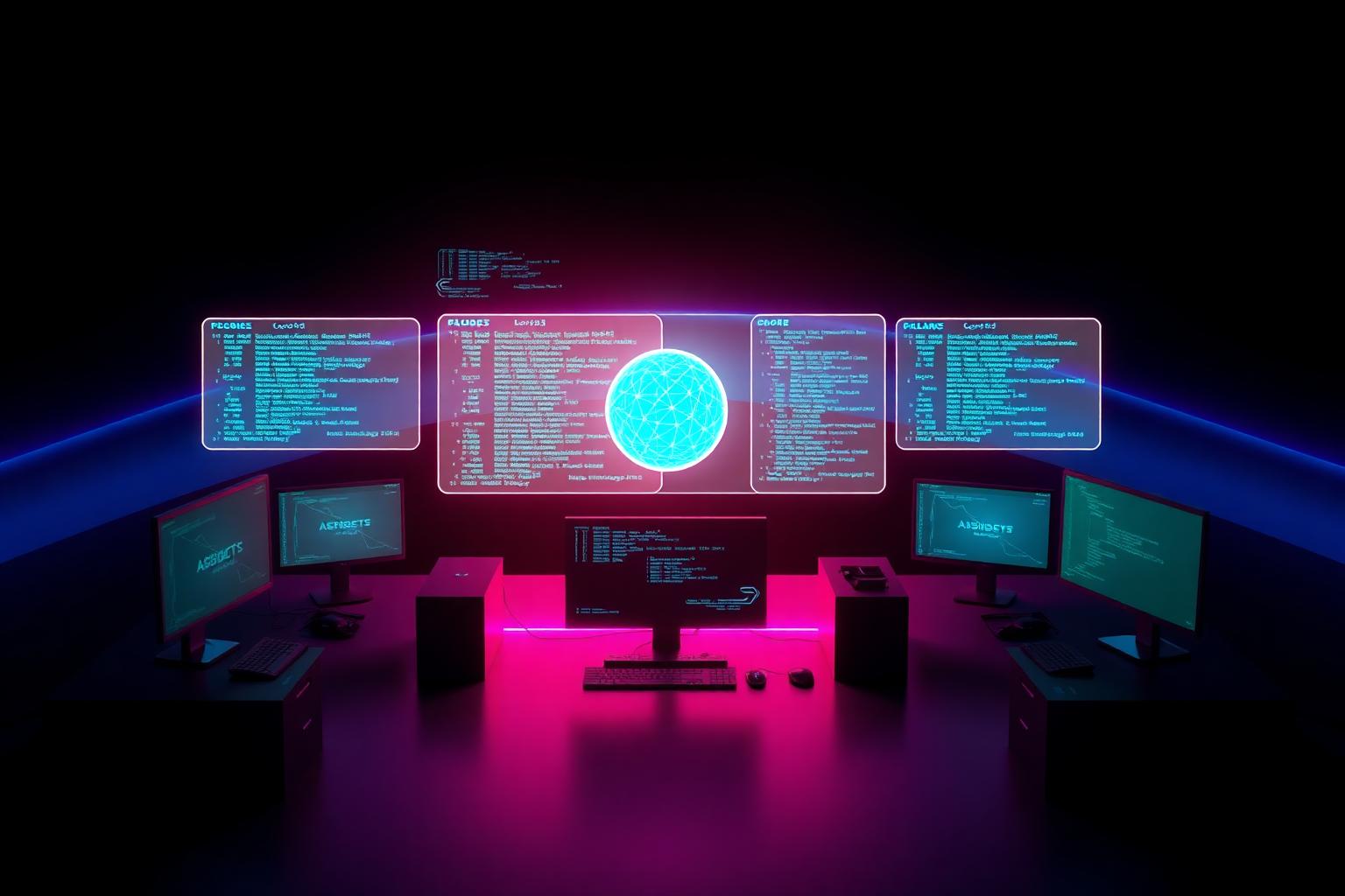 Futuristic developer workspace with holographic code panels and a glowing AI agent orb