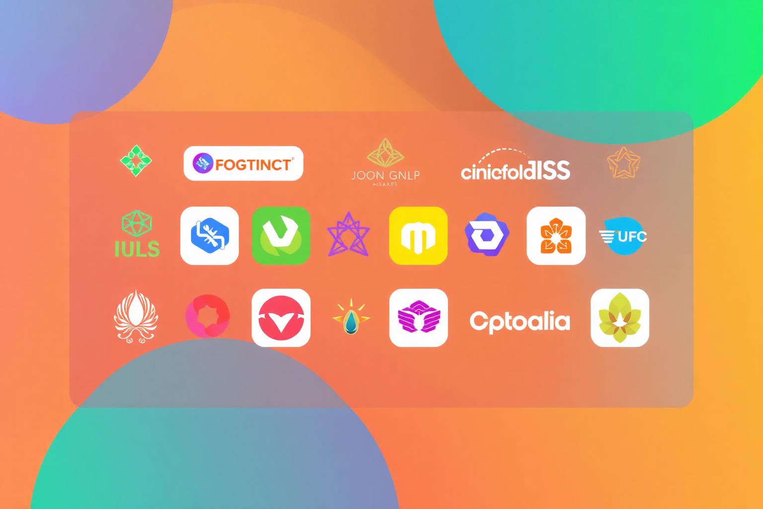 Collection of colorful AI-generated brand logos on a gradient background