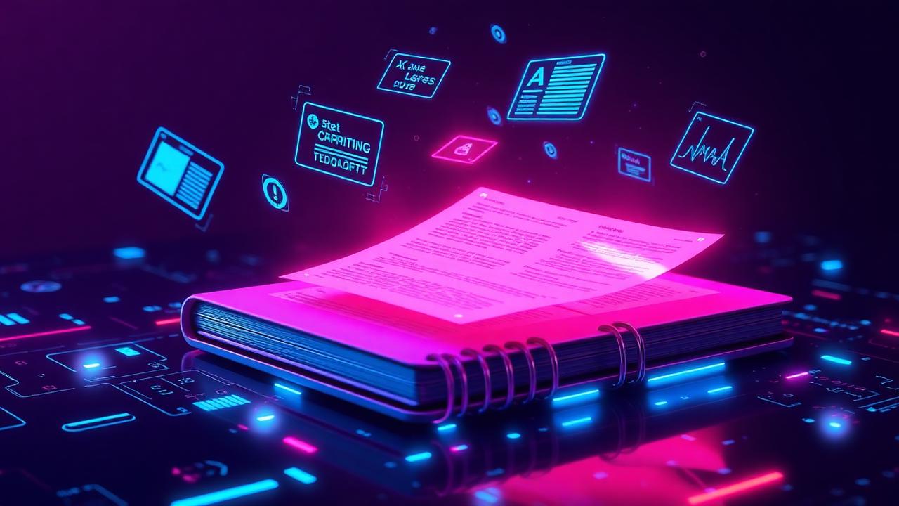Glowing AI notebook with floating holographic notes representing Google NotebookLM