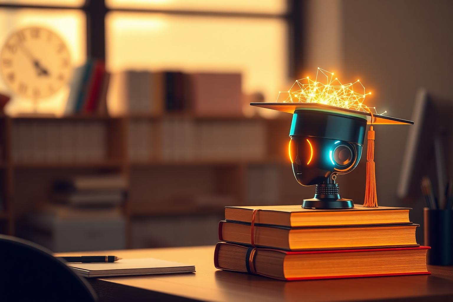 AI robot wearing a graduation cap on stack of books, glowing study buddy concept