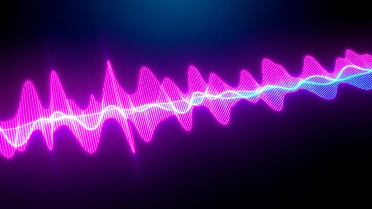 Glowing neon AI music waveform with magenta and electric blue gradient