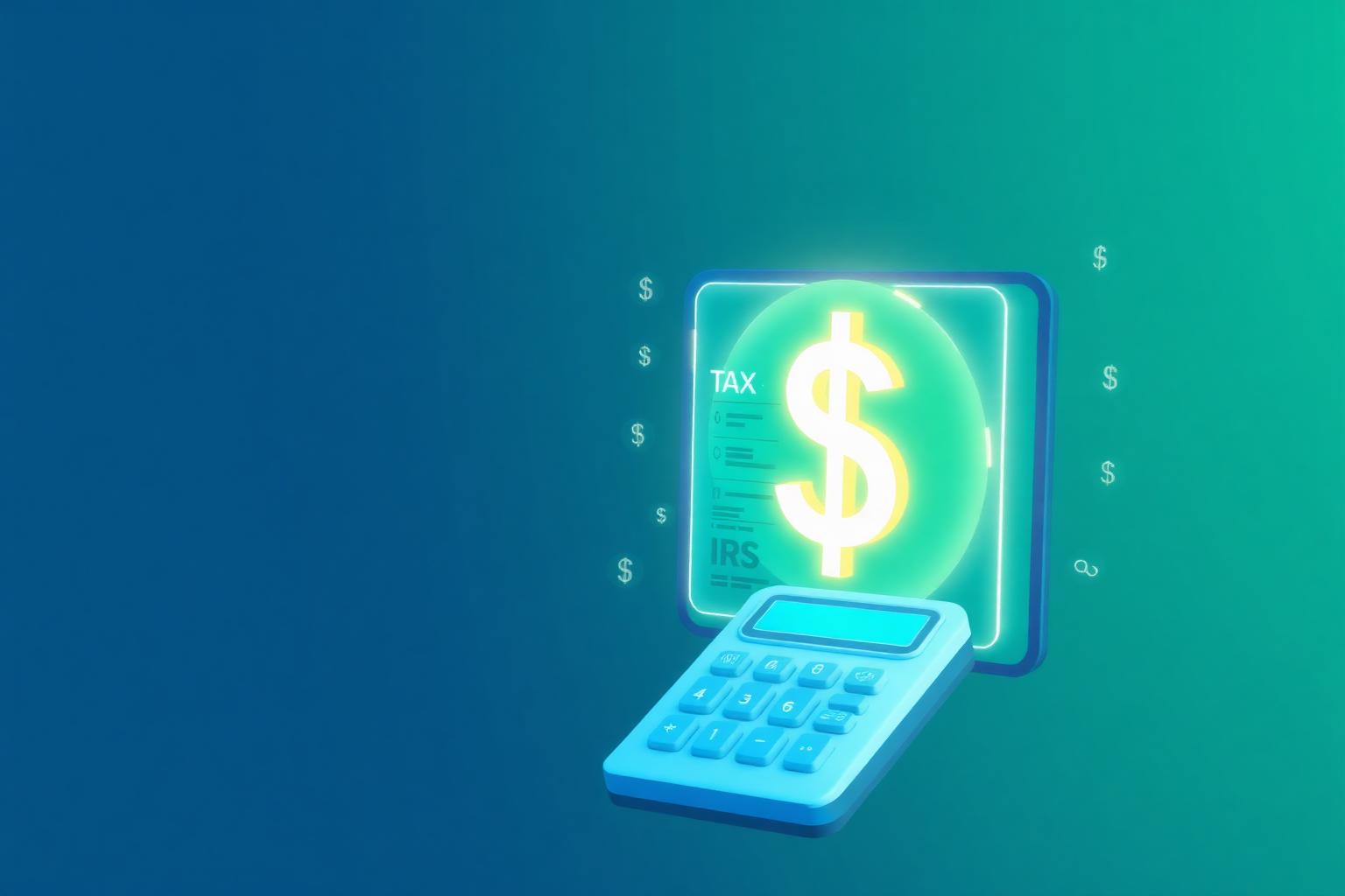 AI tax assistant with glowing dollar sign and IRS form on a calculator