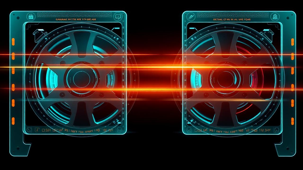 Two cinematic film reels glowing with AI generated frames in teal and orange