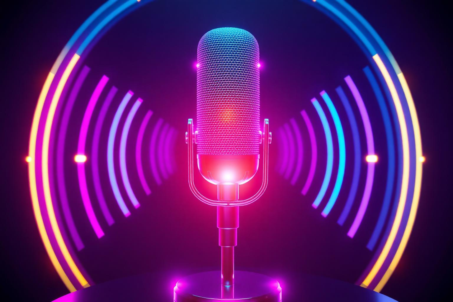 Glowing neon microphone with soundwaves representing AI voice cloning in 2026