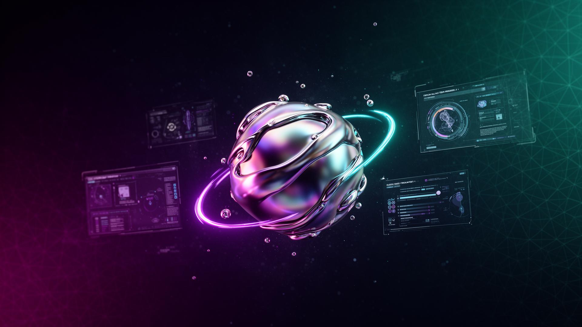 2026 iridescent chrome AI sphere with holographic UI panels